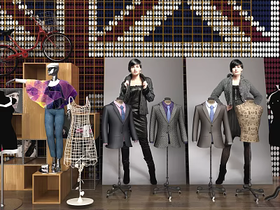 Fashion Model with Mannequins Displaying Suits Dresses and Clothing Against Union Jack Background with Bicycle 3d model