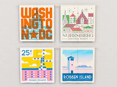 Colorful Travel Souvenir Banners Featuring Washington DC Nuremberg Christmas Market Paris And Robben Island 3d model