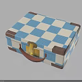 Decorative Vintage Box With Blue White Checkered Pattern Brown Edges Red Handle and Golden Lock