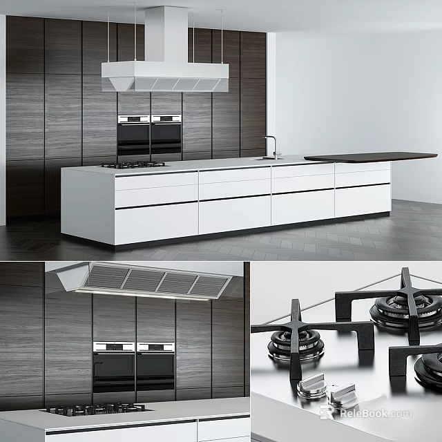 Modern Kitchen Interior With White Cabinets Range Hood Countertop And Wooden Backsplash 3d model 