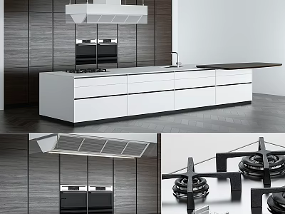 Modern Kitchen Interior With White Cabinets Range Hood Countertop And Wooden Backsplash 3d model