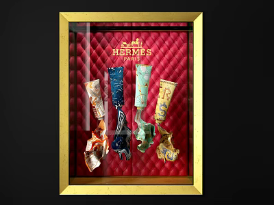 Hermes Paris Window Display With Gold Frame Red Quilted Background And Colorful Scarves 3d model
