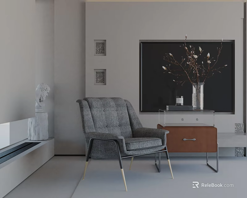 Gray Upholstered Accent Chair Metal Legs In Modern Interior With Side Table And Branch Vase 3d model 