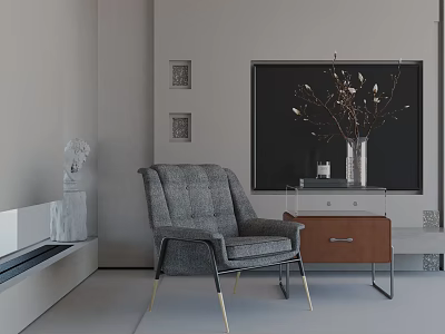 Gray Upholstered Accent Chair Metal Legs In Modern Interior With Side Table And Branch Vase 3d model