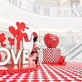 Love Themed Decorative Scene With Red Hearts 3D LOVE Letters And Checkerboard Floor