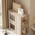 Modern Display Cabinet With Glass Doors Layered Shelves Built-in Lighting Near Window Curtains And Decor Items