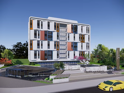 Modern Multistory Residential Building With White And Colorful Panels Greenery And Entrance Steps 3d model