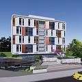 Modern Multistory Residential Building With White And Colorful Panels Greenery And Entrance Steps