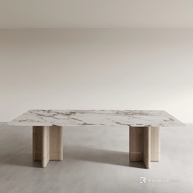 Modern Marble Top Dining Table With Wooden Legs In Neutral Setting 3d model 