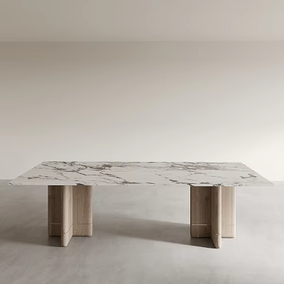 Modern Marble Top Dining Table With Wooden Legs In Neutral Setting 3d model