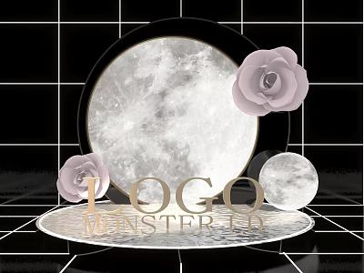 Photo Check-in Spot With Moon Decor And Pink Roses On Black Grid Background 3d model