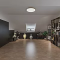 Modern Tea Room Interior Design With Triangular Window Wooden Bookshelves Long Table And Comfortable Chairs