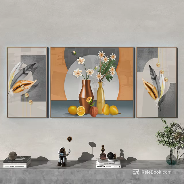 Modern Wall Art Decor With Vase Daisies Lemons Oranges And Feather Elements 3d model 