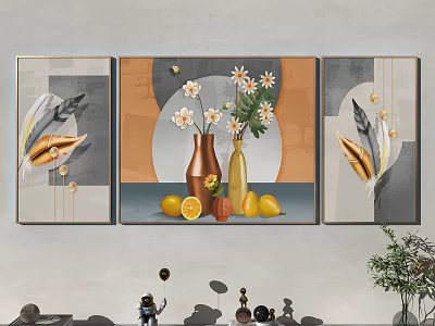 Modern Wall Art Decor With Vase Daisies Lemons Oranges And Feather Elements 3d model