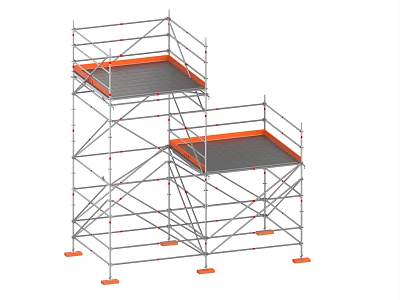 Sturdy Multi Level Metal Scaffolding Structure With Orange Platforms And Safety Rails 3d model