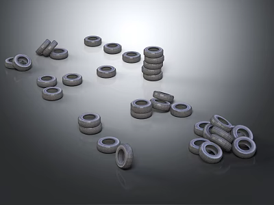 Various Stacked And Scattered Tires In Different Sizes On Gray Background 3d model