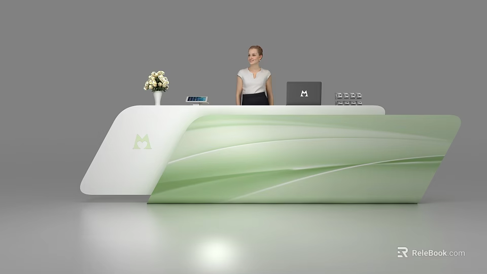 Modern White And Green Reception Desk With Curved Wave Design Vase And Tablet 3d model 
