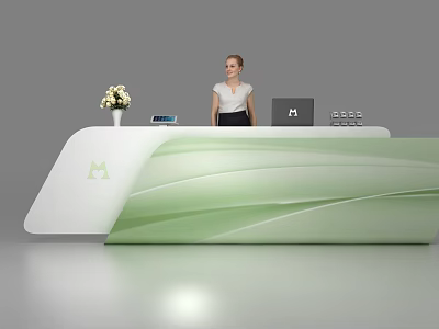 Modern White And Green Reception Desk With Curved Wave Design Vase And Tablet 3d model