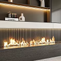 Modern Fireplace with Burning Flames and Built in Decorative Shelf Illuminated by LED Light Strip