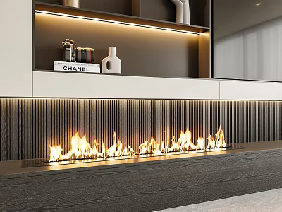 Modern Fireplace with Burning Flames and Built in Decorative Shelf Illuminated by LED Light Strip 3d model