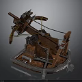Ancient Catapult Siege Equipment With Wooden Frame Metal Components And Ropes