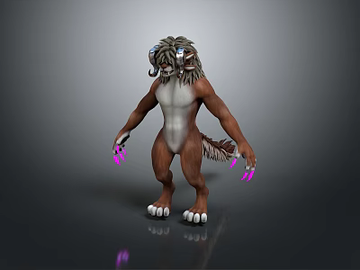 3D Fantasy Monster Character With Brown Body White Underbelly Horned Head And Purple Claws 3d model