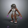 3D Fantasy Monster Character With Brown Body White Underbelly Horned Head And Purple Claws