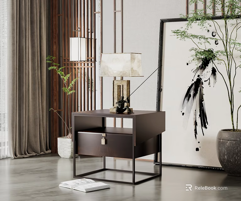 Modern Dark Bedside Table With Drawer Table Lamp And Green Plant 3d model