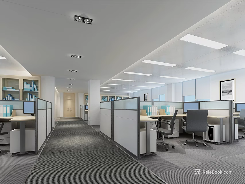 Modern Public Office Space With Cubicles Work Desks Computers And Ceiling Lighting 3d model