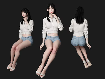 Woman in White Jacket and Blue Denim Shorts with White Sandals from Three Different Angles 3d model