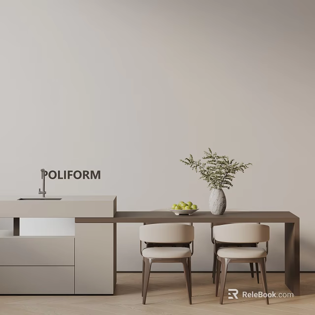 Modern Minimalist Dining Table Set with Beige Chairs Vase Green Plant and Fruits 3d model 