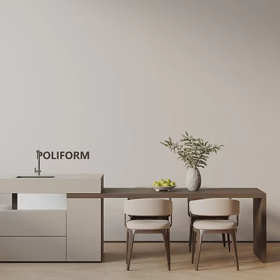 Modern Minimalist Dining Table Set with Beige Chairs Vase Green Plant and Fruits 3d model