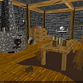 Rustic Interior Space With Stone Fireplace Wooden Table Benches Stone Walls And Wooden Floor