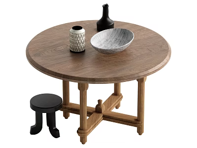 Round Wooden Dining Table Set with Black Stool Textured Vase Gray Bowl and Black Bottle 3d model
