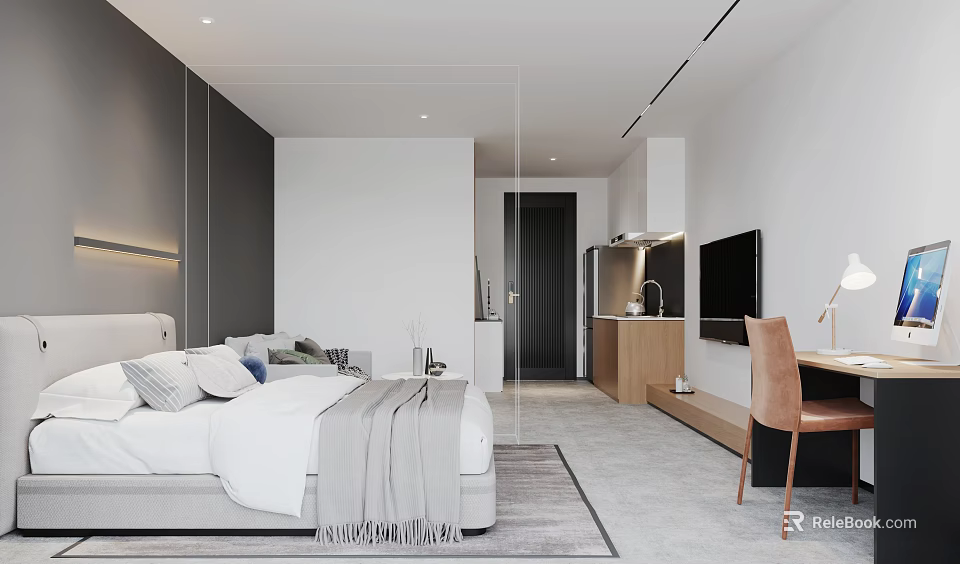 Modern Minimalist Studio Apartment Interior With Bed Workspace And Kitchen 3d model 