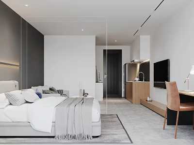 Modern Minimalist Studio Apartment Interior With Bed Workspace And Kitchen 3d model