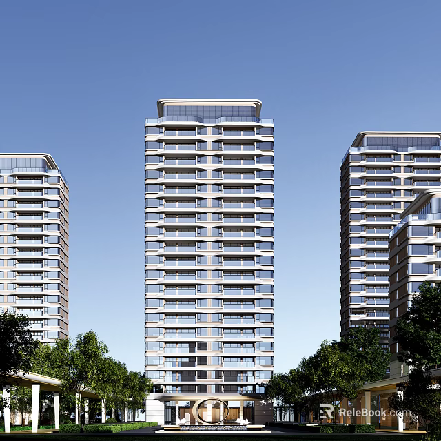 Modern High Rise Residential Buildings With Trees And Blue Sky Background 3d model 