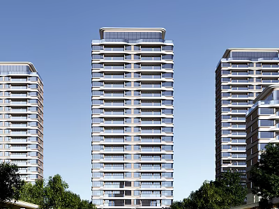 Modern High Rise Residential Buildings With Trees And Blue Sky Background 3d model