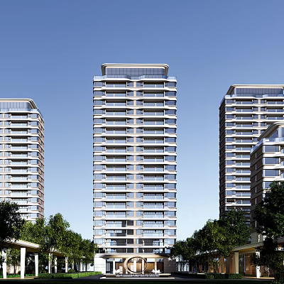 Modern High Rise Residential Buildings With Trees And Blue Sky Background 3d model