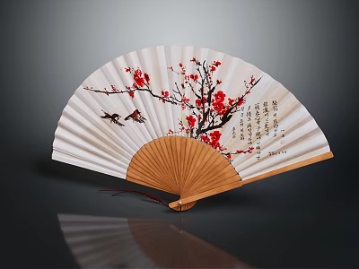 Artistic Hand Carved Bamboo Folding Fan With Plum Blossom Birds And Calligraphy 3d model