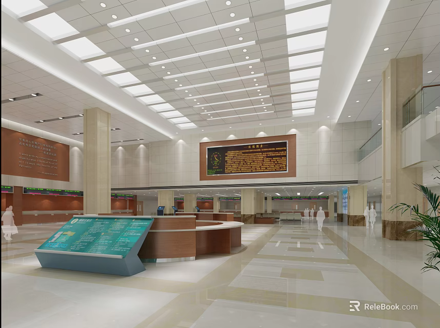 Spacious Public Lobby With Reception Desk Large Digital Screen Modern Ceiling And Marble Floor 3d model