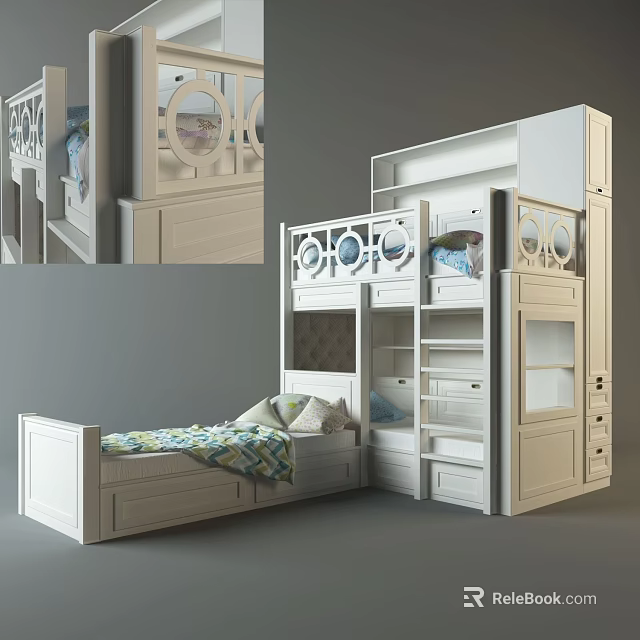 Modern White Bunk Bed With Circular Decor Storage Drawers And Cabinets 3d model