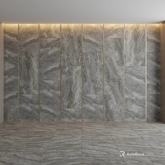 Gray Marble Textured Wall Panel With Gold Decorative Frames And Stone Floor 3d model
