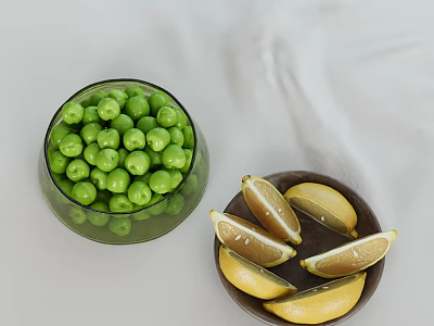 Fresh Green Peas in Glass Bowl with Lemon Slices on Wooden Plate 3d model