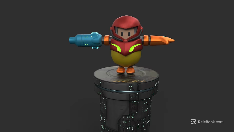 Cartoon Game Movie Character With Red Helmet Yellow Body Blue Blaster On Tech Platform 3d model 