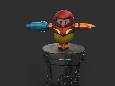 Cartoon Game Movie Character With Red Helmet Yellow Body Blue Blaster On Tech Platform 3d model