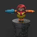 Cartoon Game Movie Character With Red Helmet Yellow Body Blue Blaster On Tech Platform