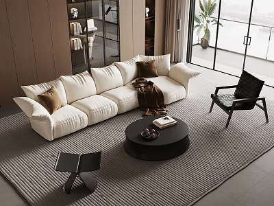 Modern Living Room With White Sofa Black Round Coffee Table And Large Windows 3d model