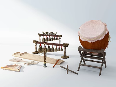 Traditional Musical Instruments Including Drum Chimes And Painting Tools With Drawing Board Brushes 3d model