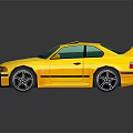 Yellow Sports Car With Rear Spoiler Black Stripes Green Windows And Black Wheels